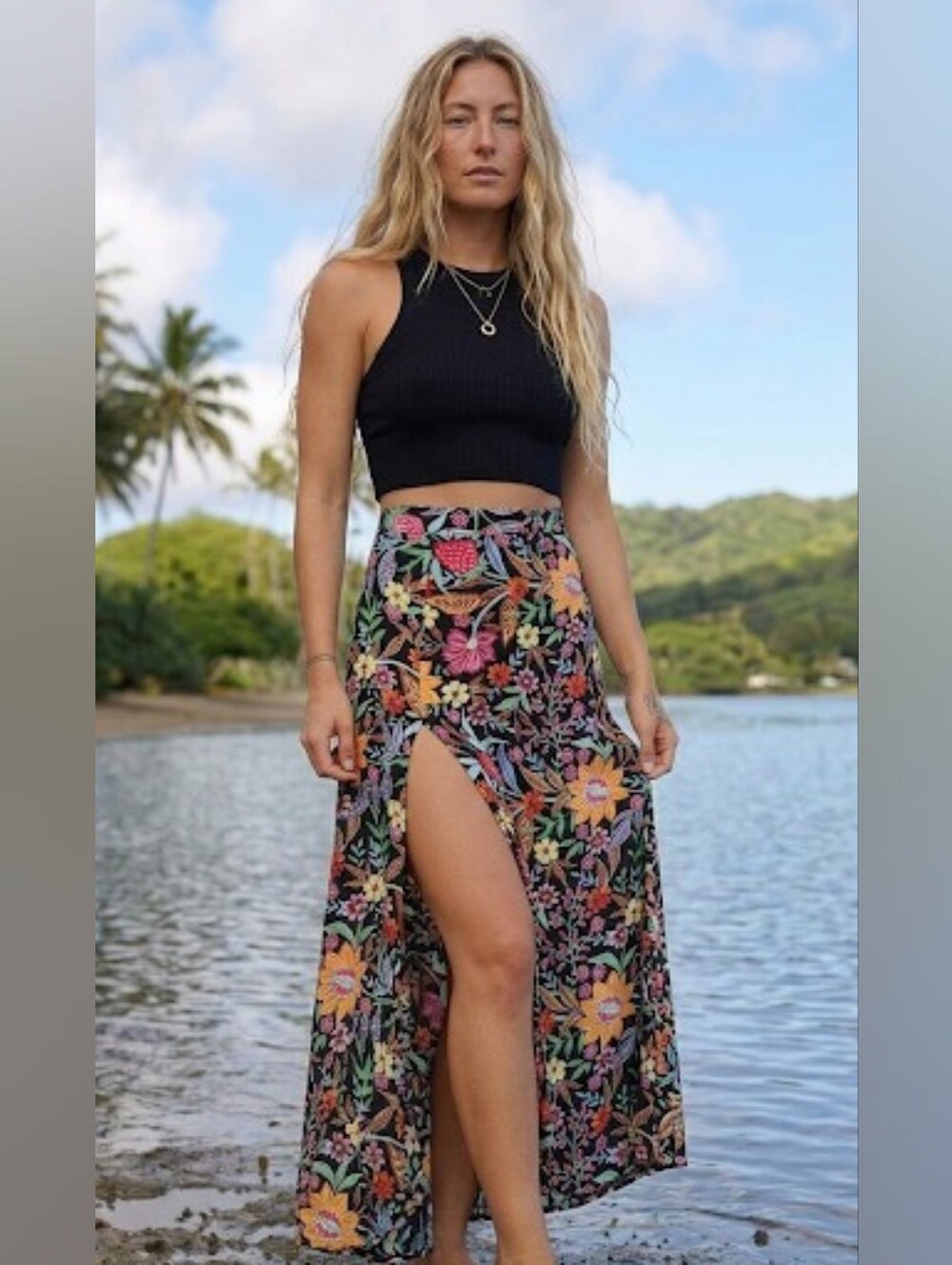 XIX Palms Dominica Maxi Skirt | Tropical Vacation High Slit Maxi | Size M